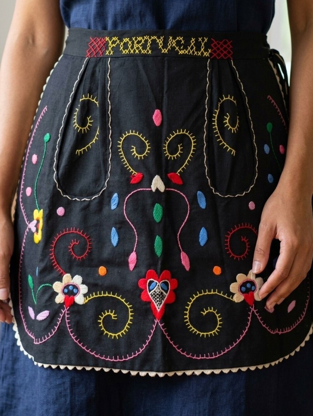 Vintage Folk Art Hand-Embroidered Black 1/2 Portugal Apron